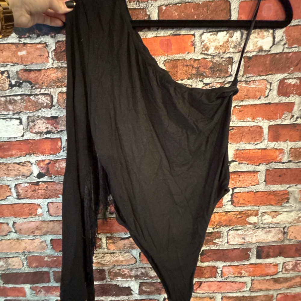 Chic Black One Shoulder Fringe Bodysuit